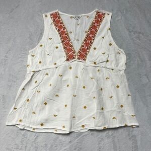 Lucky Brand Tank Top Womens XL White Embroidered Boho Peplum V-Neck